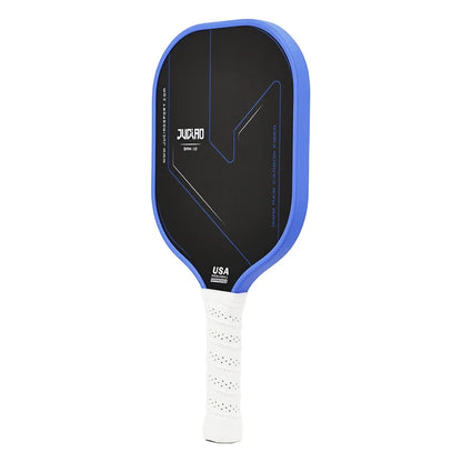 Pickleball paddle with black face, blue rim, and white handle on a white background
