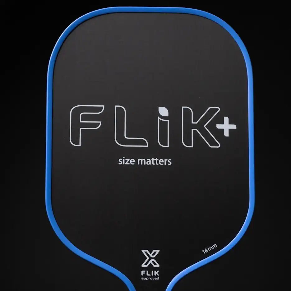 Black pickleball paddle with blue rim and 'Flik+' branding on a black background