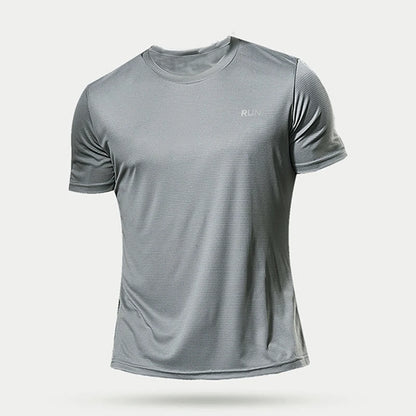 Gray athletic t-shirt with a brand logo on a light gray background