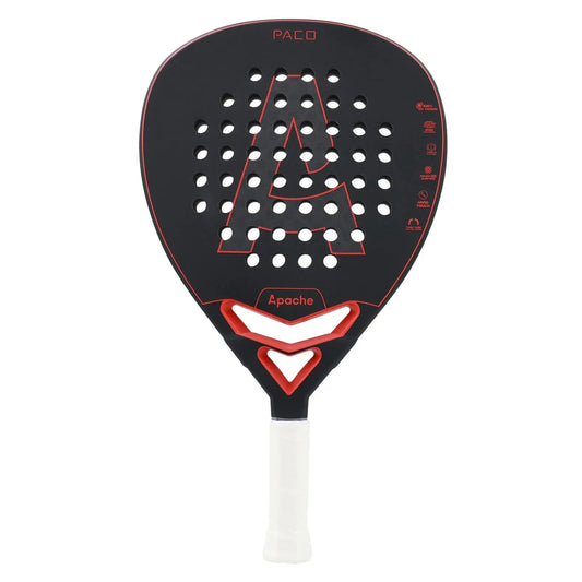 A black and red Apache Paco padel racket with a diamond-shaped head and a 12K carbon face.
