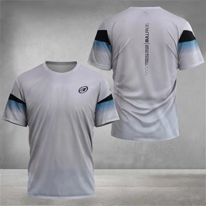 White sports jersey with black and blue accents on a gray background