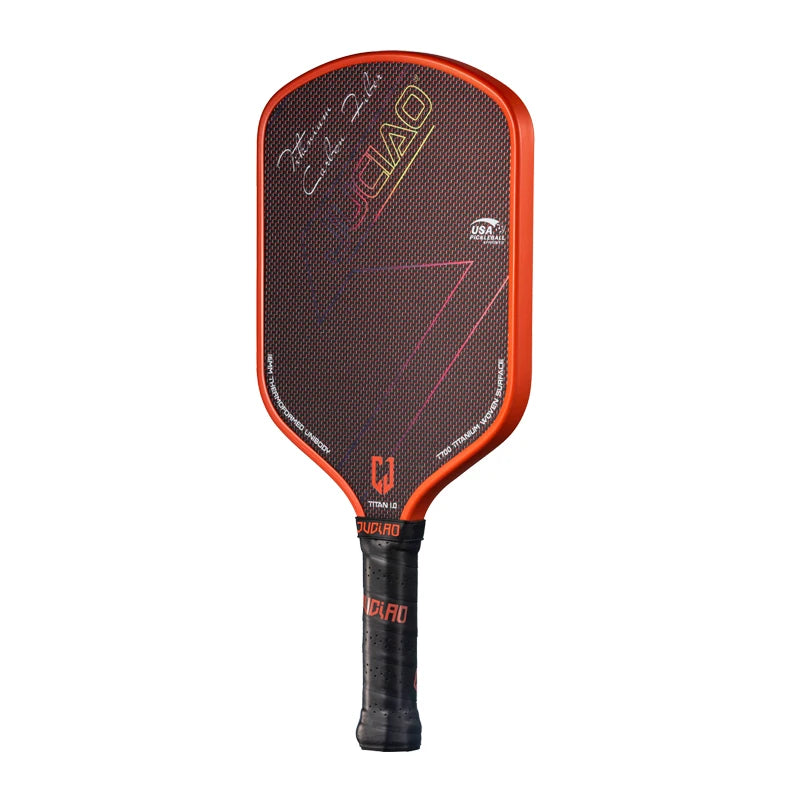 Pickleball paddle with red and black design on a white background