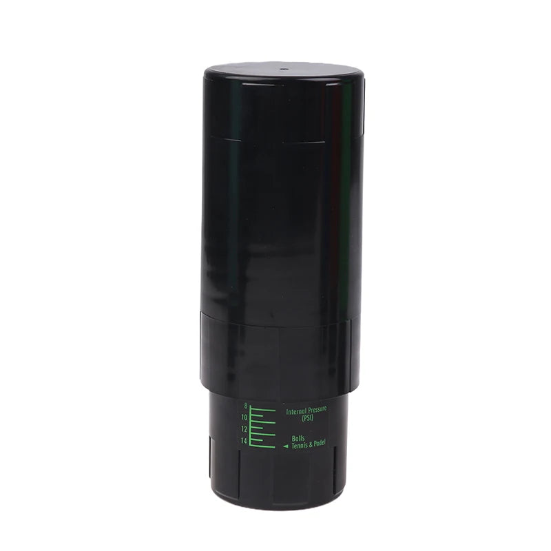 Black cylindrical device with green markings on a white background