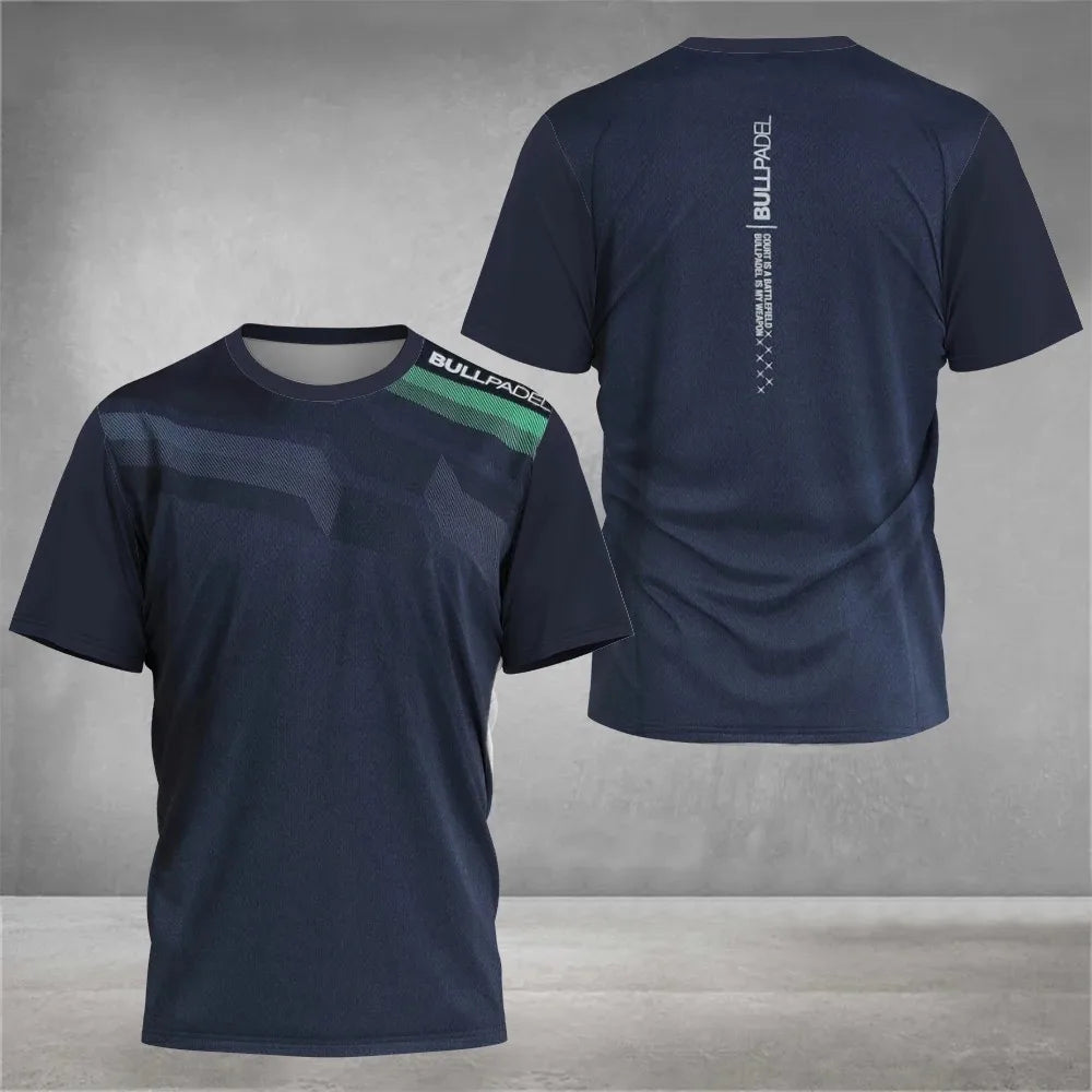 Navy blue t-shirt with green stripe on sleeve and branding on gray background