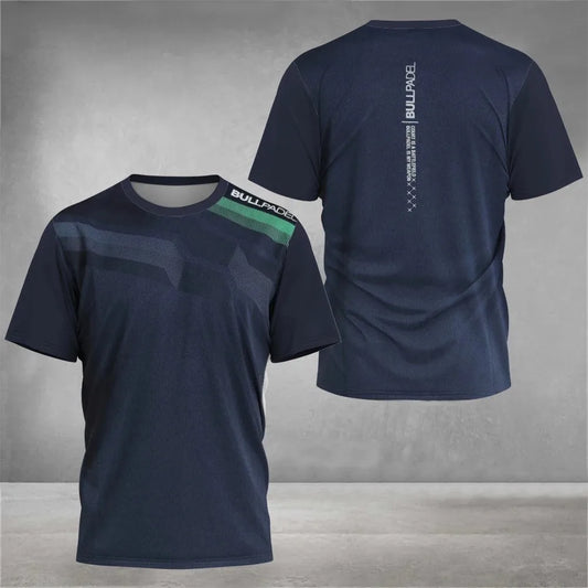 Navy blue t-shirt with green stripe on sleeve and branding on gray background
