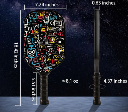 Pickleball paddle with measurements on a dark space-themed background