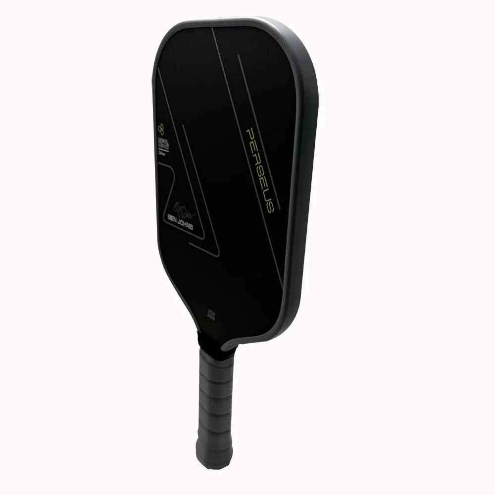 Black pickleball paddle with 'Perseus' branding on a white background