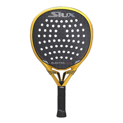 Padel racket with black and yellow design on a white background