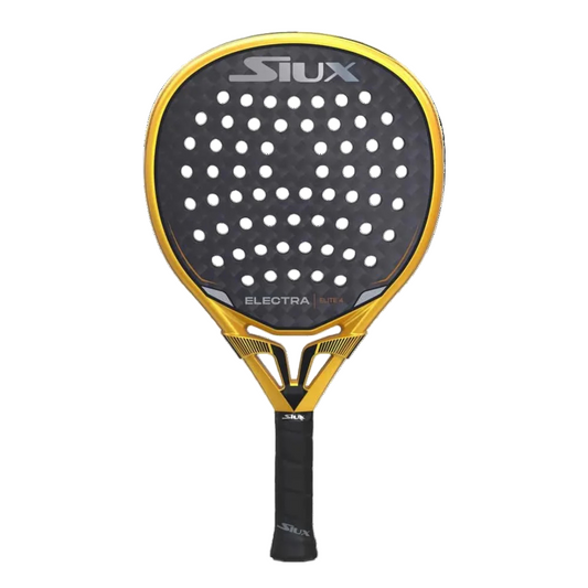 Padel racket with black and yellow design on a white background