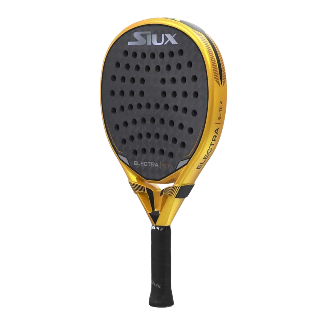 Yellow and black SIUX Electra padel racket on a white background