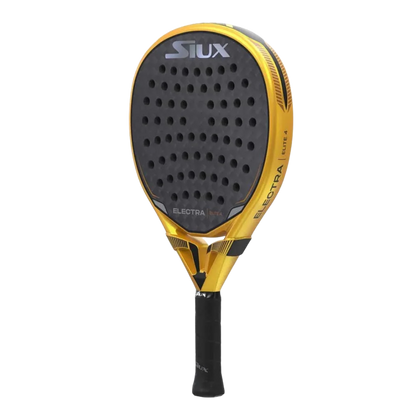 Yellow and black SIUX Electra padel racket on a white background