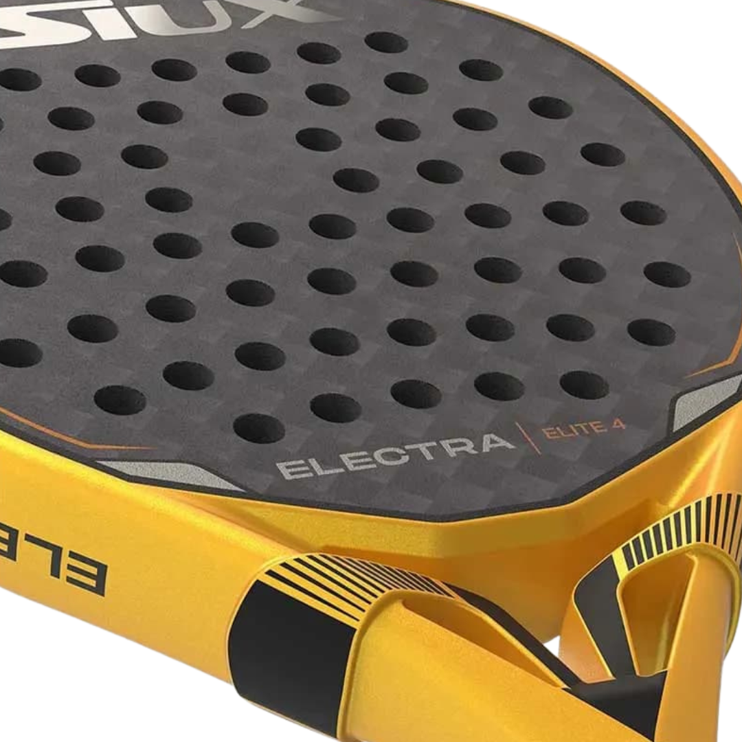 Close-up of a yellow and black sports paddle with 'Electra' branding on a white background