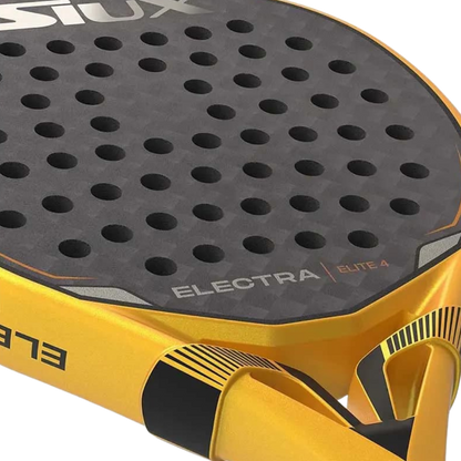 Close-up of a yellow and black sports paddle with 'Electra' branding on a white background