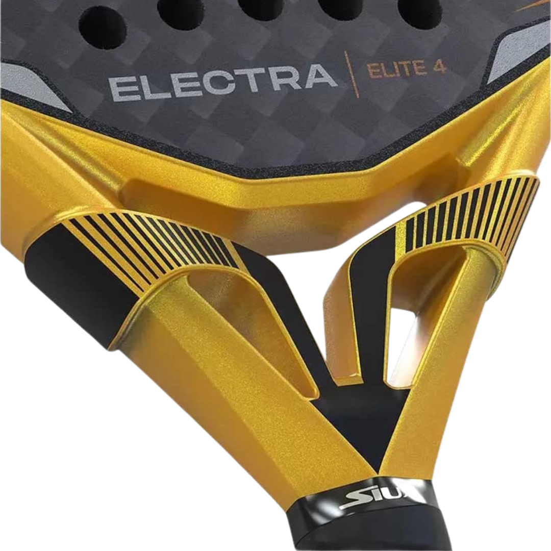 Close-up of a yellow and black paddle with 'Electra Elite 4' branding on a white background