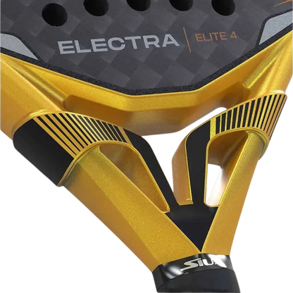 Close-up of a yellow and black paddle with 'Electra Elite 4' branding on a white background