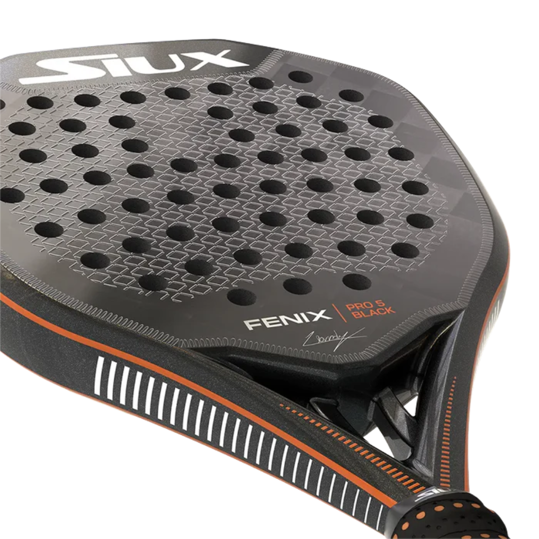 Close-up of a Stix Fenix Pro 3 Black padel racket on a white background