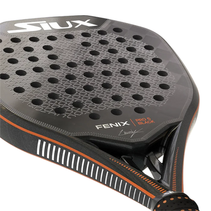 Close-up of a Stix Fenix Pro 3 Black padel racket on a white background