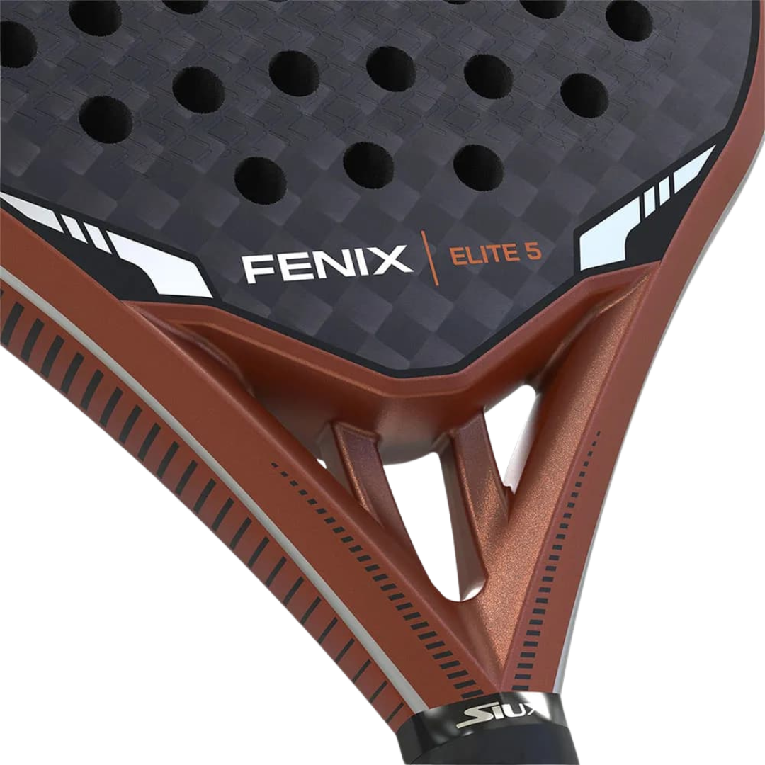 Close-up of a Fenix Elite 5 padel racket with brown and black design.