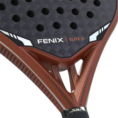 Close-up of a Fenix Elite 5 padel racket with brown and black design.