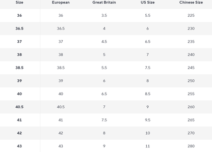 Table showing size conversions between European, Great Britain, US, and Chinese sizes.