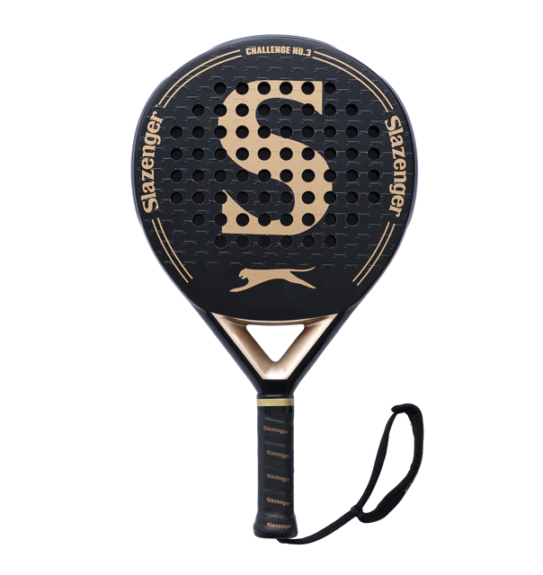Black and gold Slazenger paddle on a white background