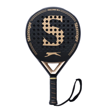Black and gold Slazenger paddle on a white background