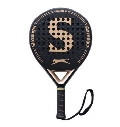 Black and gold Slazenger paddle on a white background