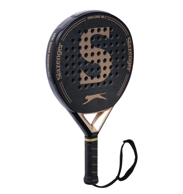 Black and gold Slazenger tennis racket on a white background