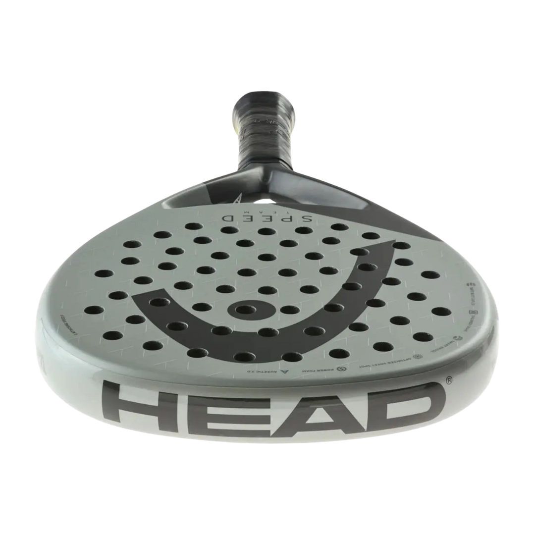 Gray and black tennis racket head with 'HEAD' branding on a white background