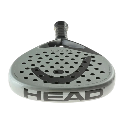 Gray and black tennis racket head with 'HEAD' branding on a white background