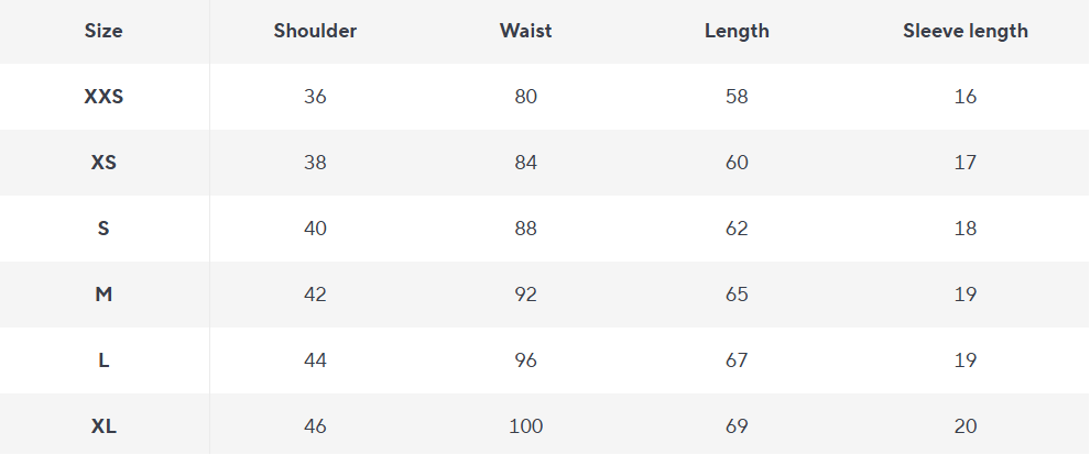 Table displaying size chart for shoulder, waist, length, and sleeve length measurements.