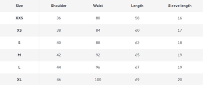 Table displaying size chart for shoulder, waist, length, and sleeve length measurements.