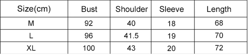 Table showing measurements for a garment in centimeters across different sizes.