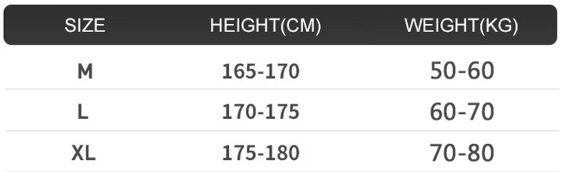 Size chart with height and weight ranges for different sizes M, L, and XL.