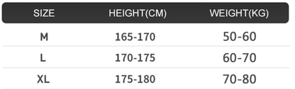 Size chart with height and weight ranges for different sizes M, L, and XL.
