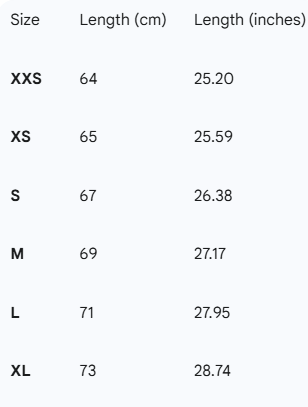 Table displaying size chart for clothing with measurements in centimeters and inches.
