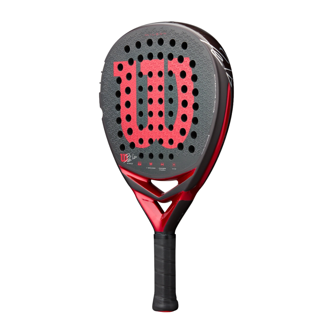 Red and black Wilson tennis racket on a white background