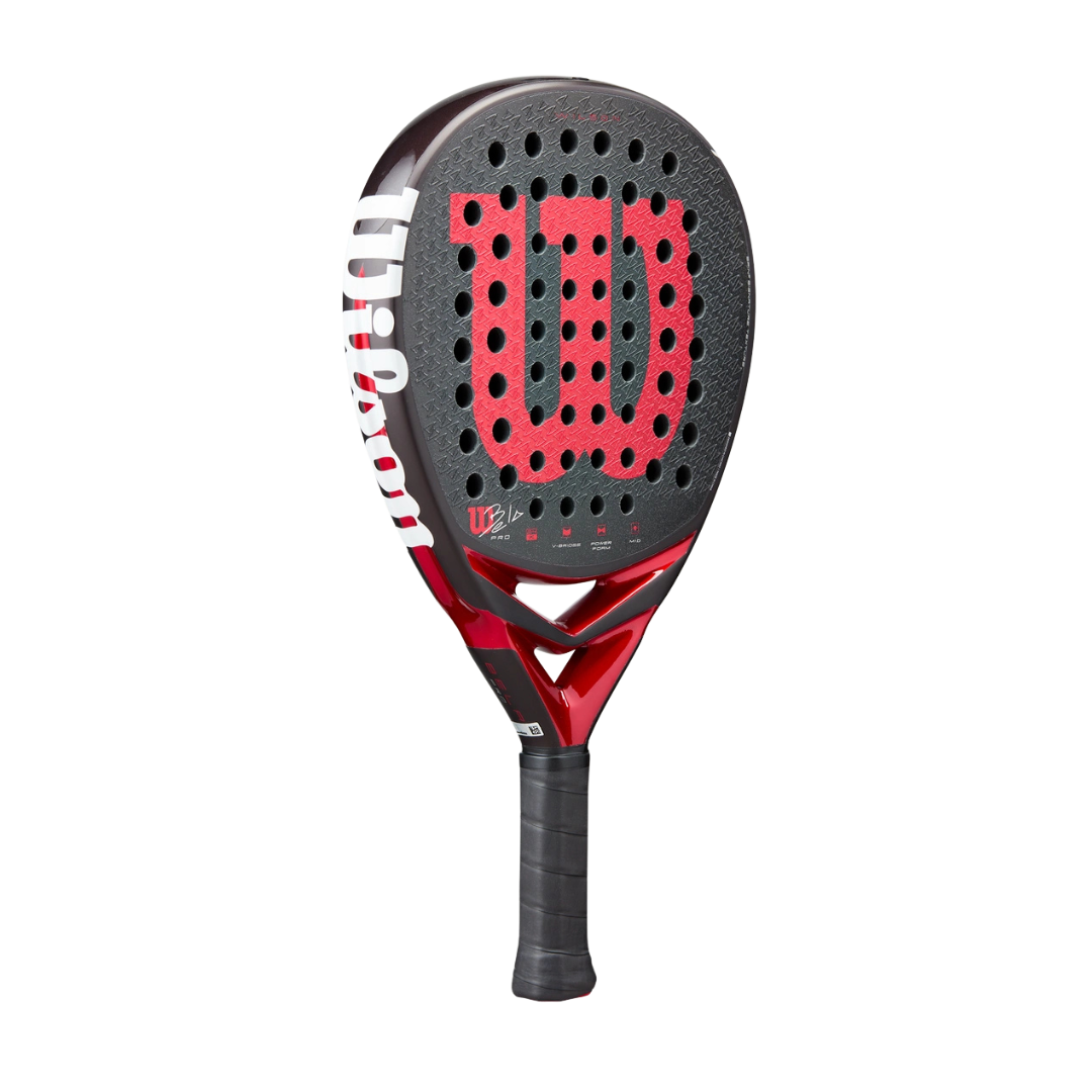 Red and black Wilson tennis racket on a white background
