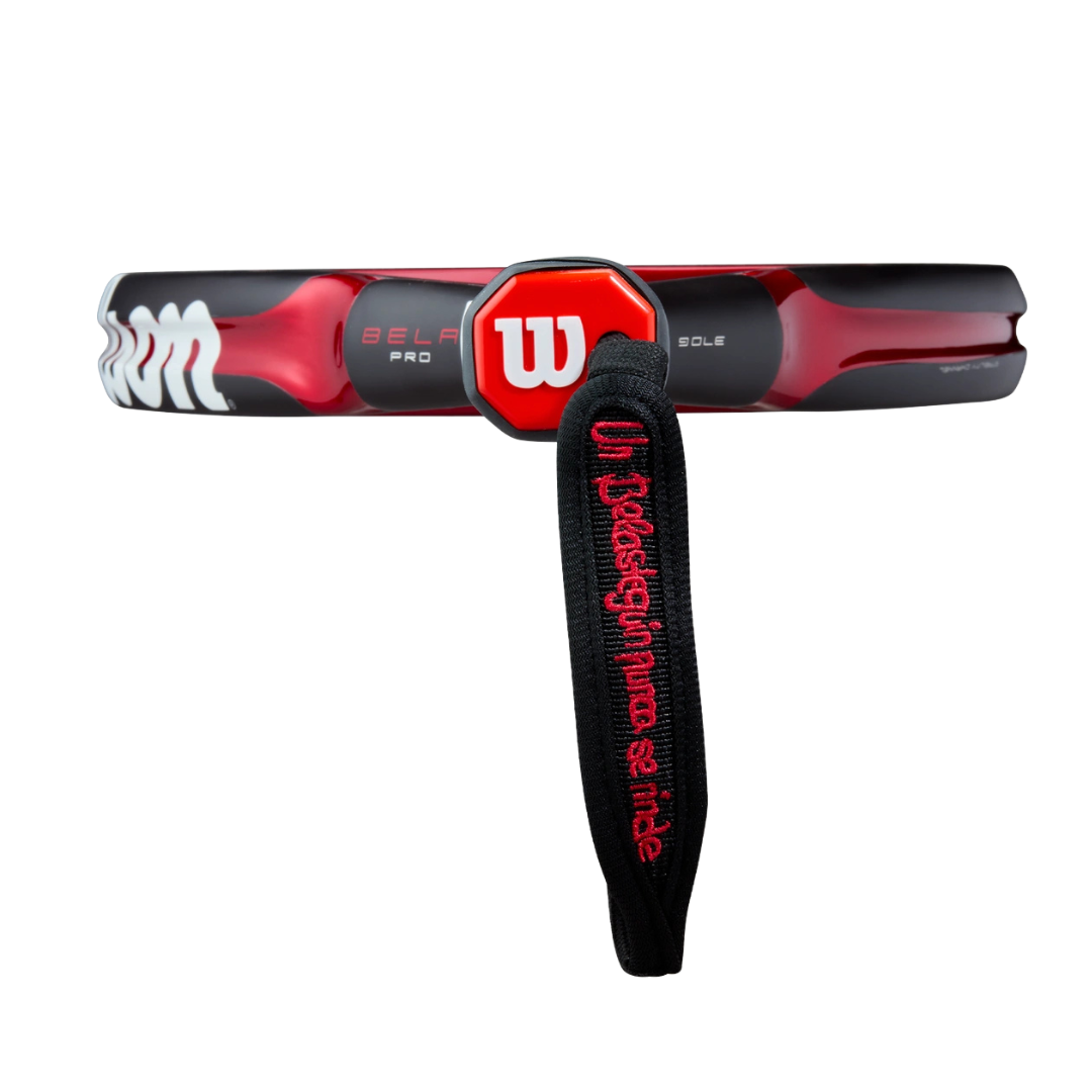 Red and black golf club with a strap on a white background