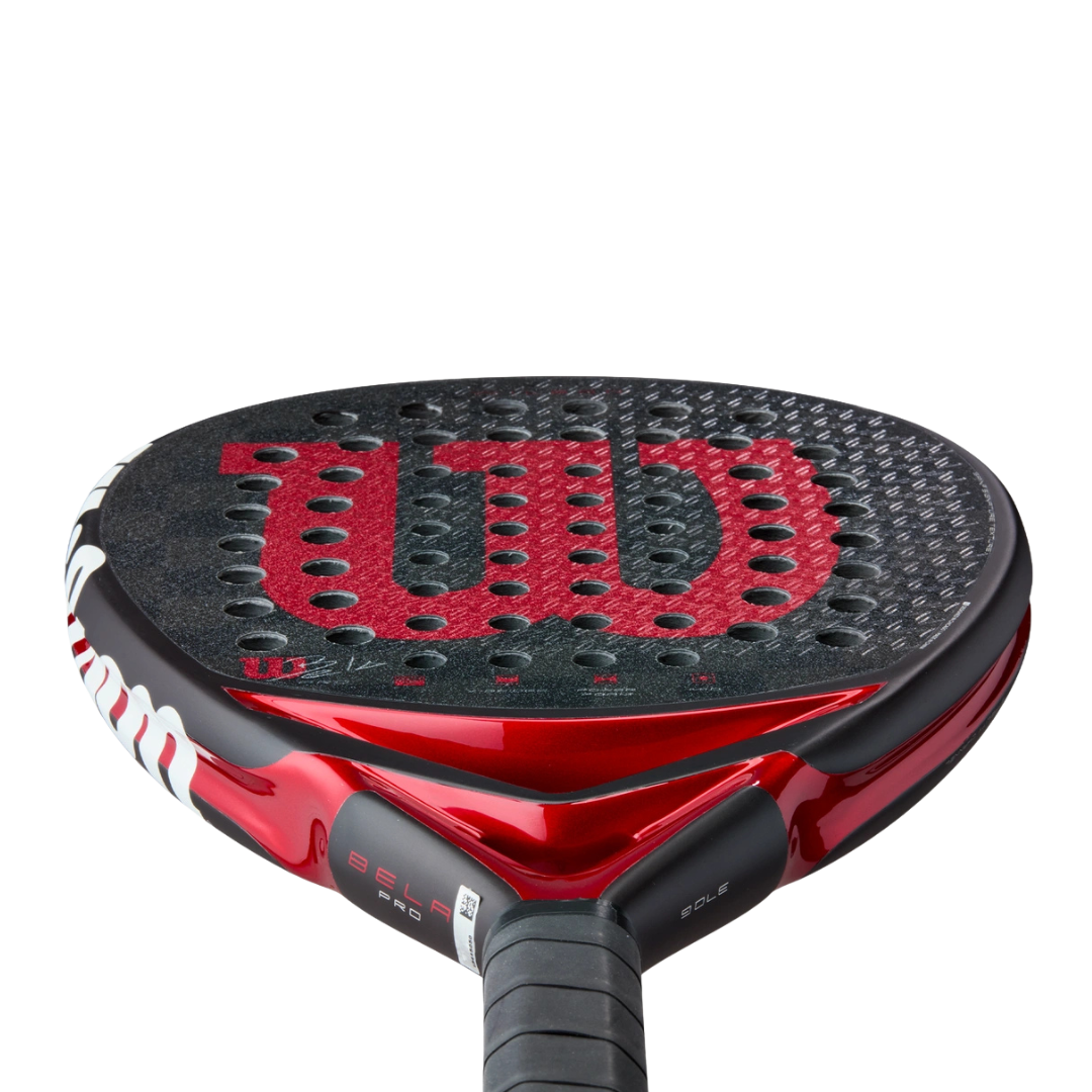 Red and black Wilson tennis racket on a white background