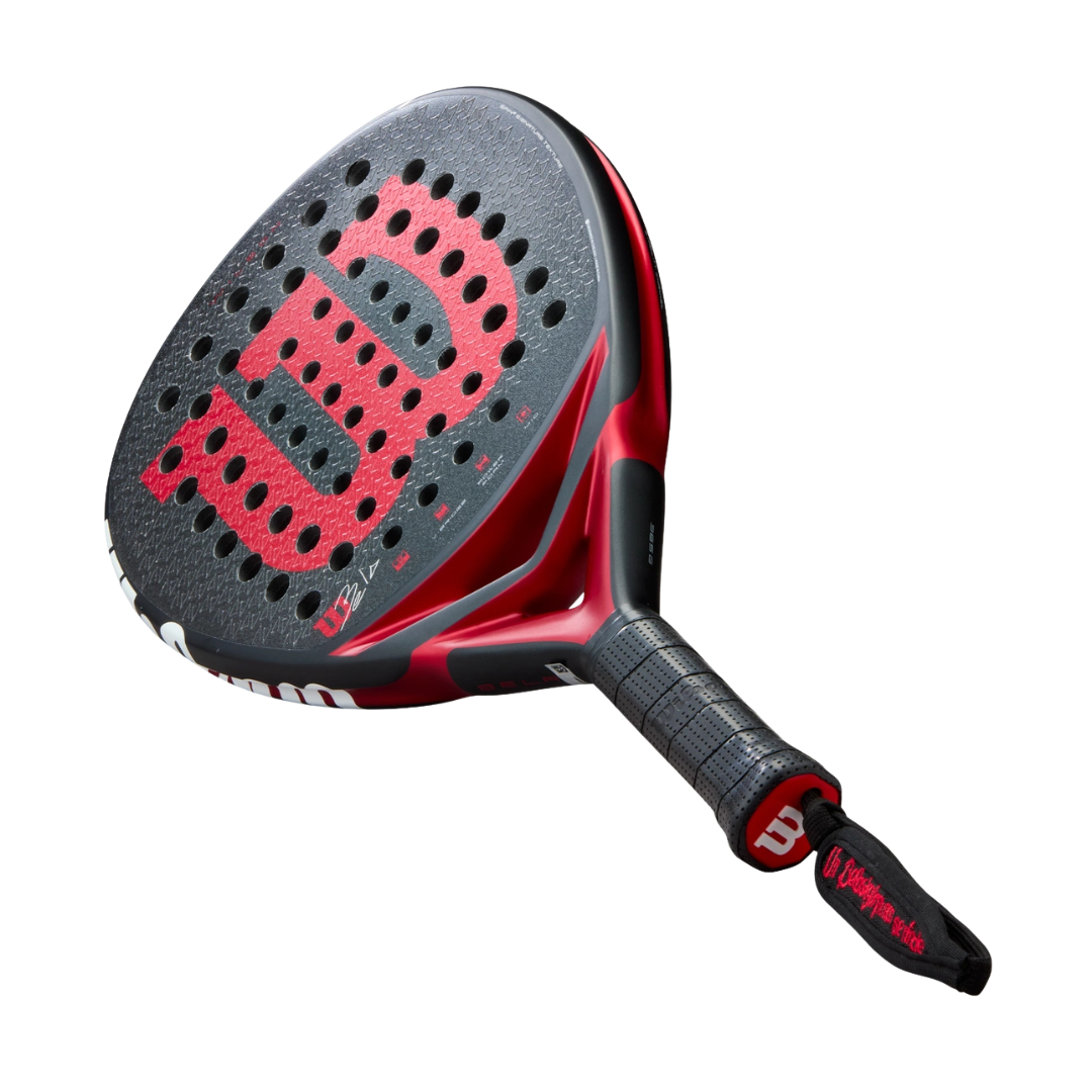 Paddle with red and black design on a white background