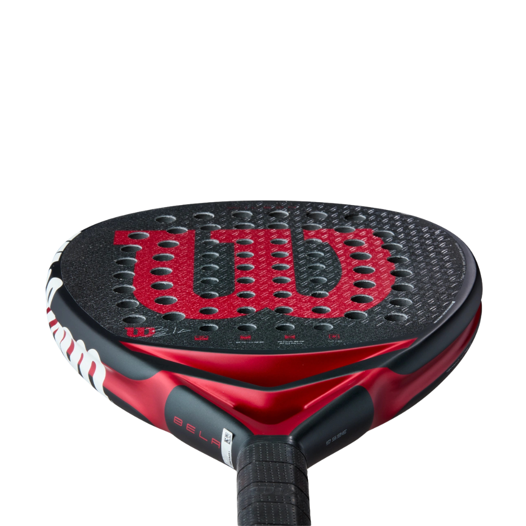 Red and black Wilson tennis racket on a white background