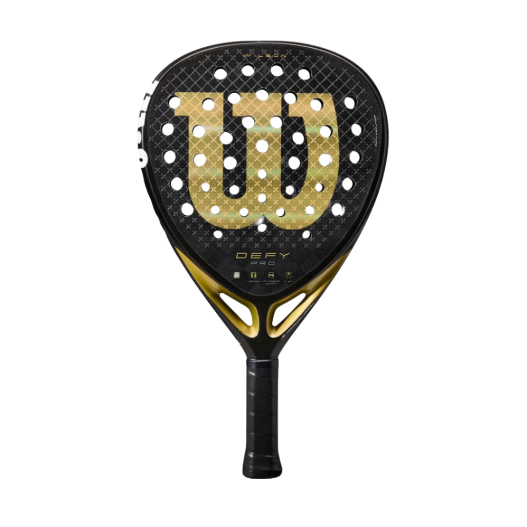 Black and gold Wilson tennis racket on a white background
