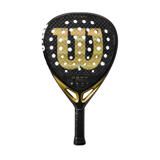 Black and gold Wilson tennis racket on a white background