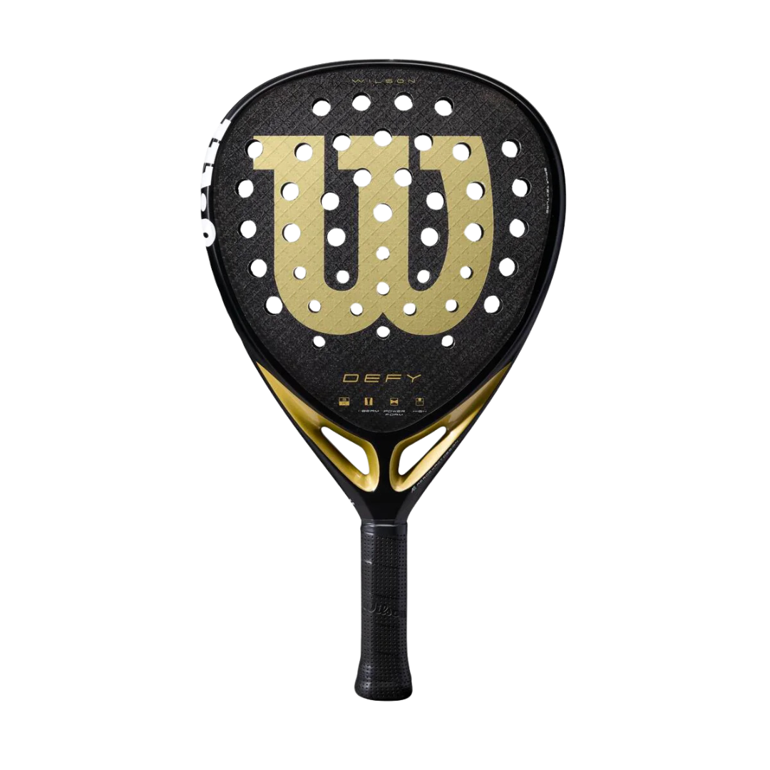 Black and gold Wilson tennis racket on a white background