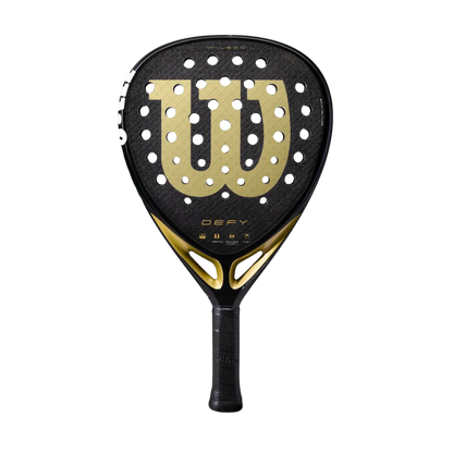 Black and gold Wilson tennis racket on a white background