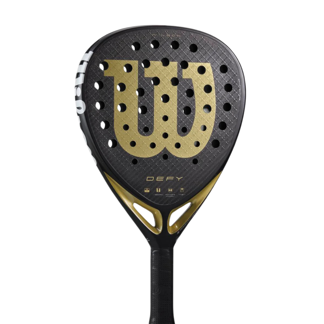 Black and gold Wilson tennis racket on a white background