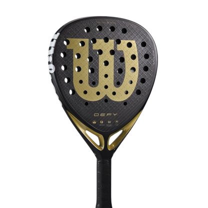 Black and gold Wilson tennis racket on a white background