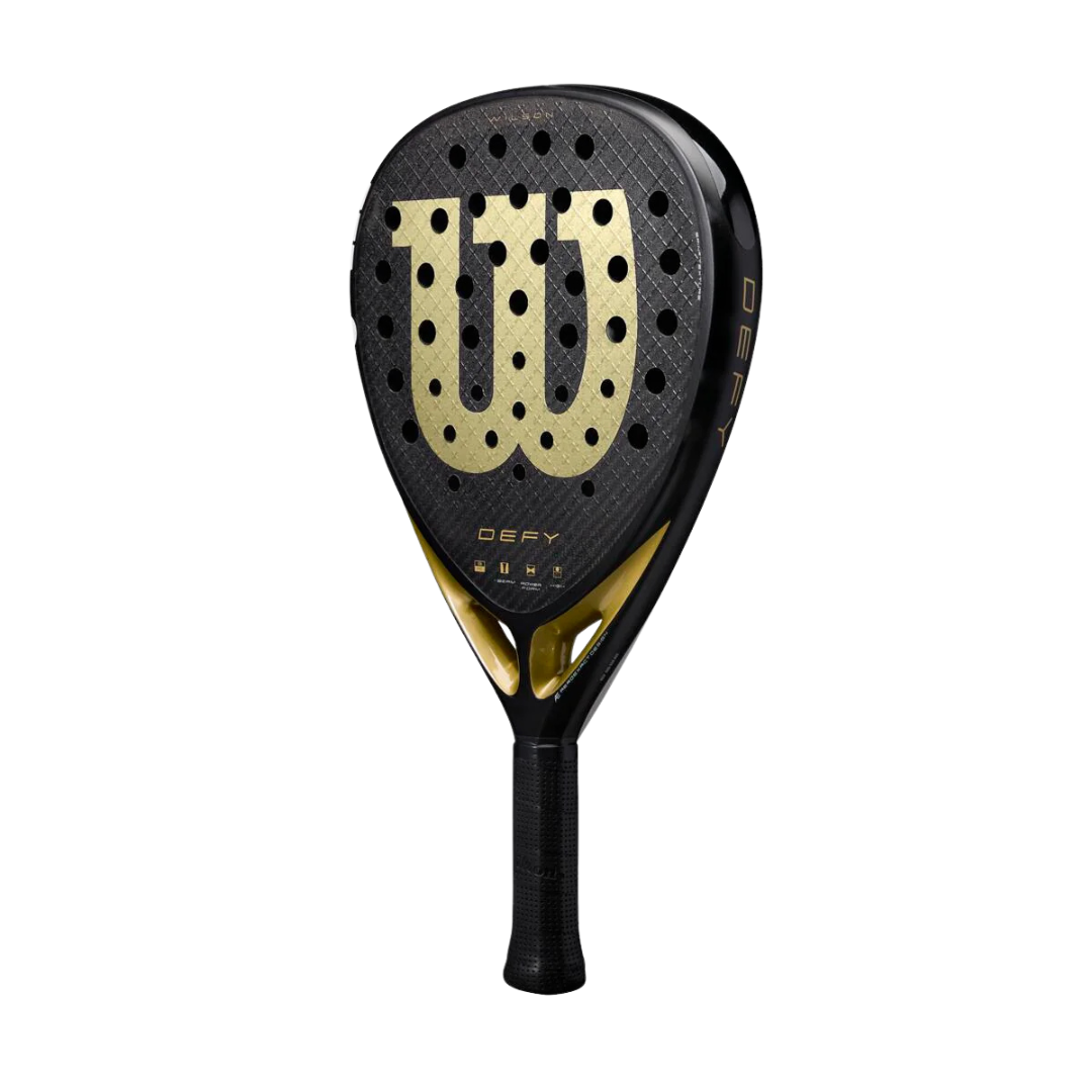 Black and gold Wilson tennis racket on a white background