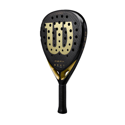 Black and gold Wilson tennis racket on a white background